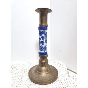Blue Delft Ceramic Brass Candle Holder - 7.5" Home Decor